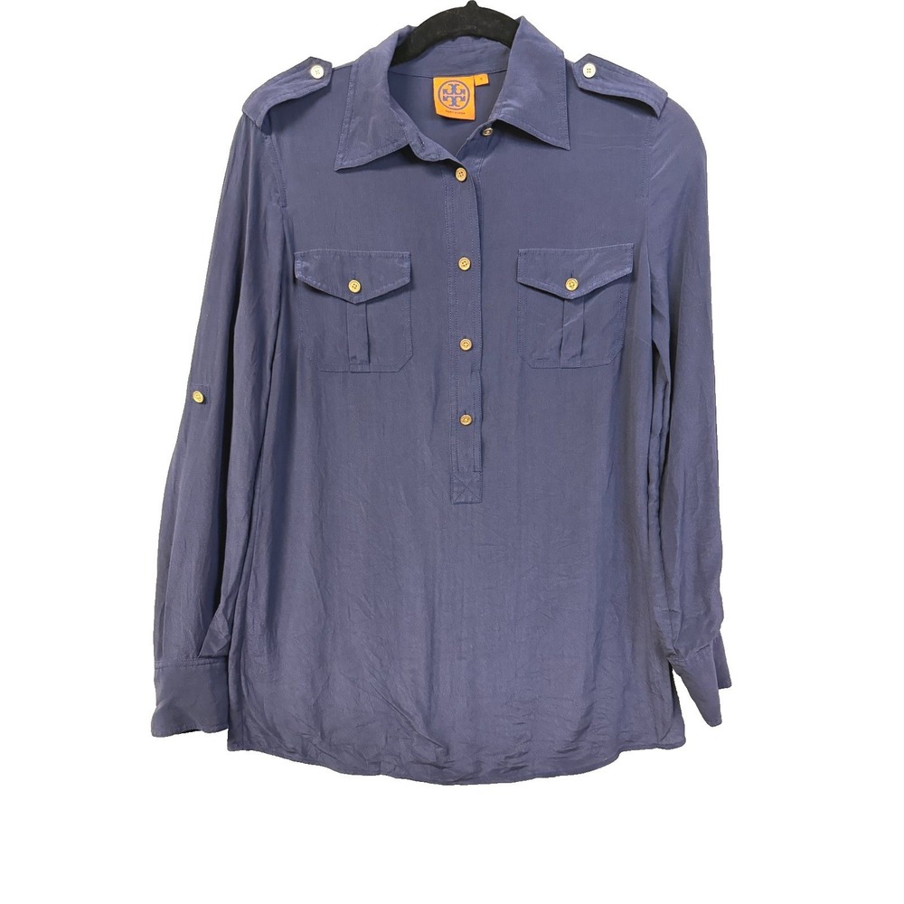 Tory Burch Womens Navy Blue 100% Silk Military Tunic Button Tab Sleeve Size 4